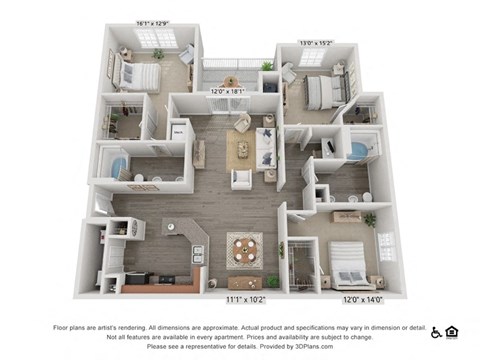Floor plan for 3 beds, 2 baths, 1348 sqft